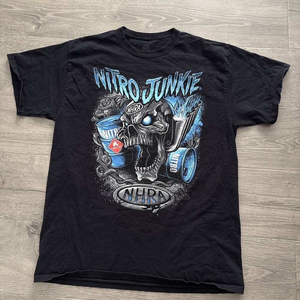 Nitro Junkie Nhra Drag Racing Skull Graphic Black Short Sleeve Tee Mens Xl Shirt